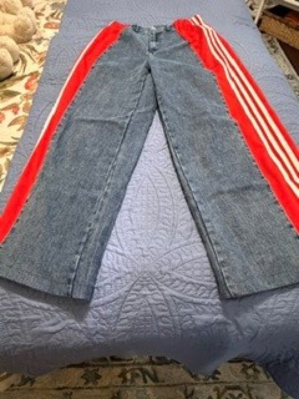 Red patchwork track-stripe wide-leg denim jeans